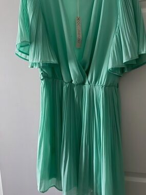 She + Sky Mint Green Pleated V-Neck Mini Dress